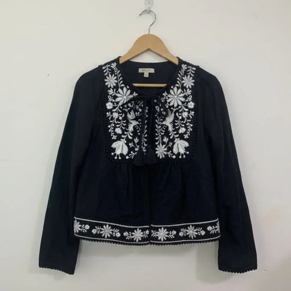 Kate Spade Black Linen Blend Crop Jacket Floral Embroidery Womens Medium